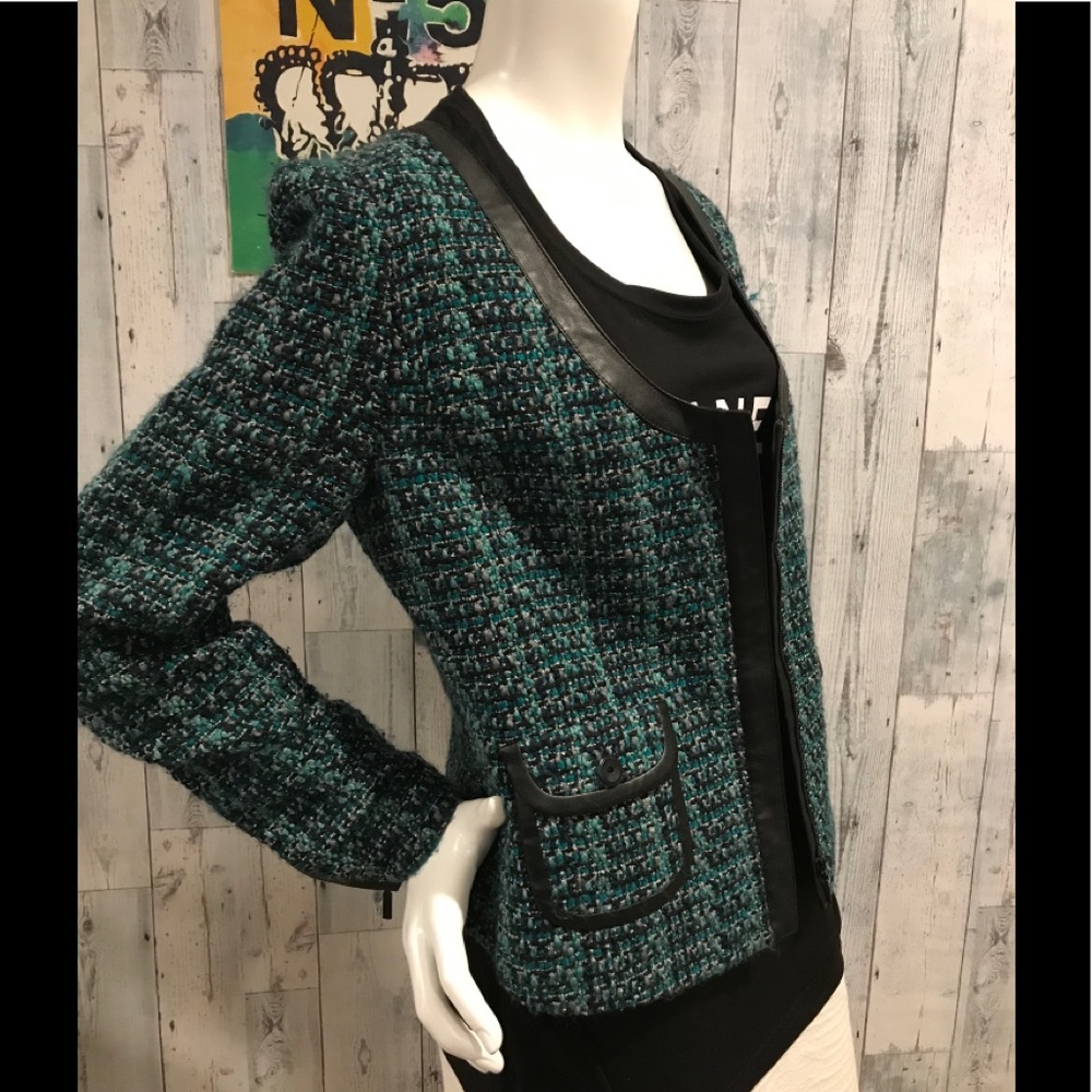 Hinge tweed zip jacket w/ faux leather trim.